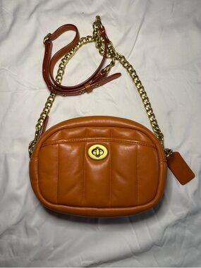 Coach Orange Leather Crossbody with Gold Chain